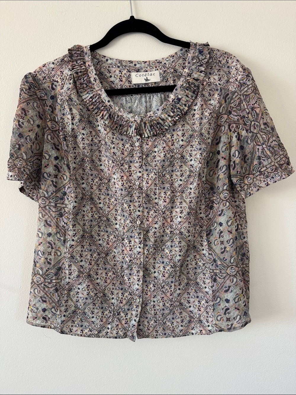 Sage Green Patterned Button-Front Ruffle-Neck Blouse